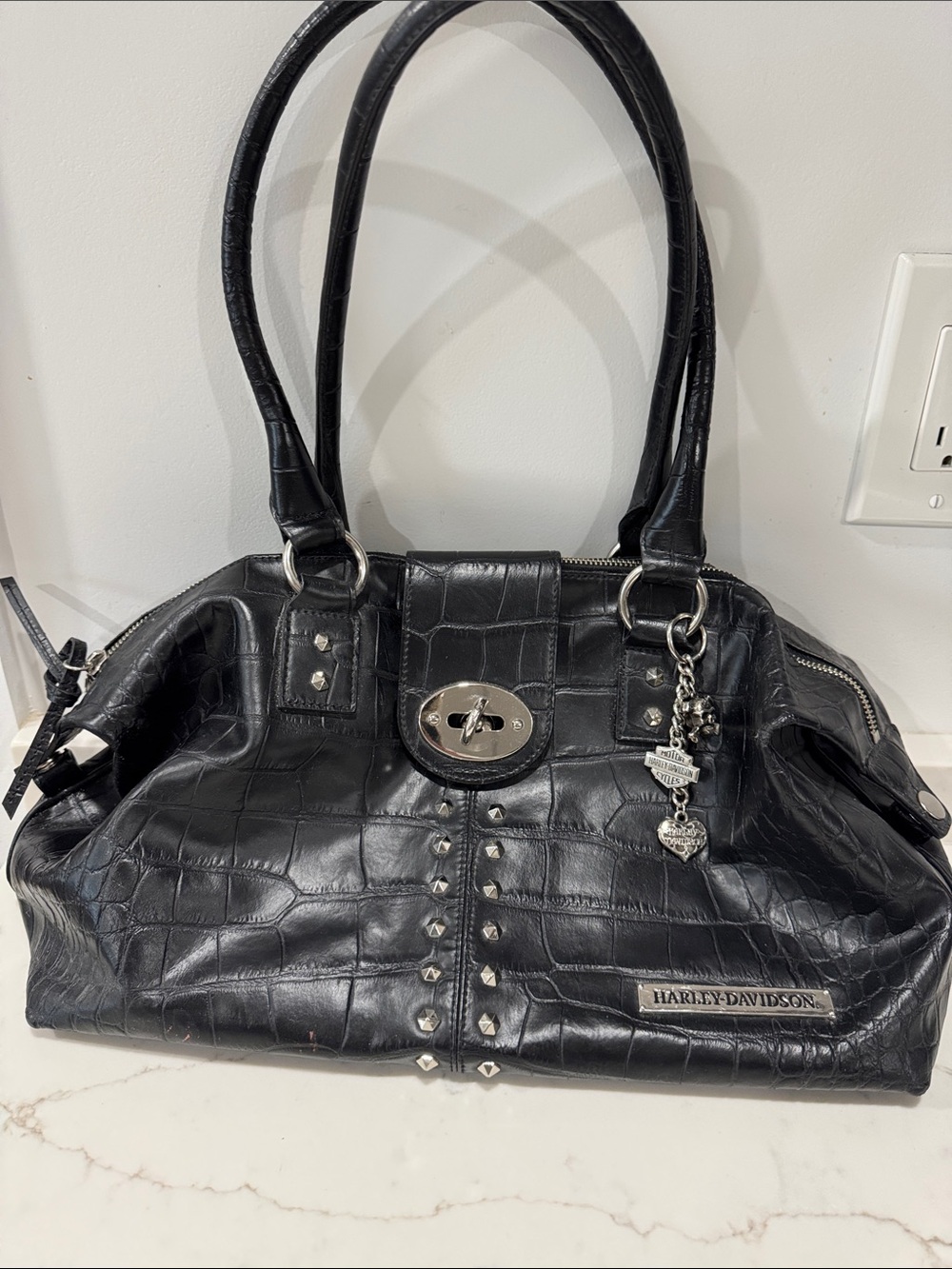 Harley-Davidson Black Croc-Embossed Studded Leather Tote with Silver Hardware - Picture 2 of 4